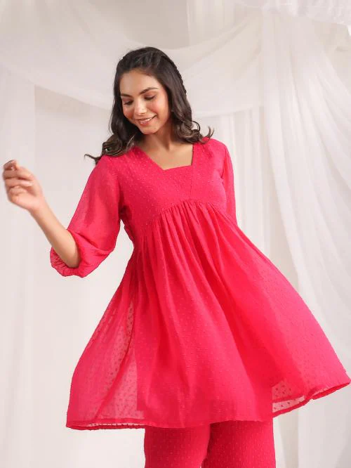 Janasya Women's Pink Dobby Georgette Self Design Gathered Co-ord Set