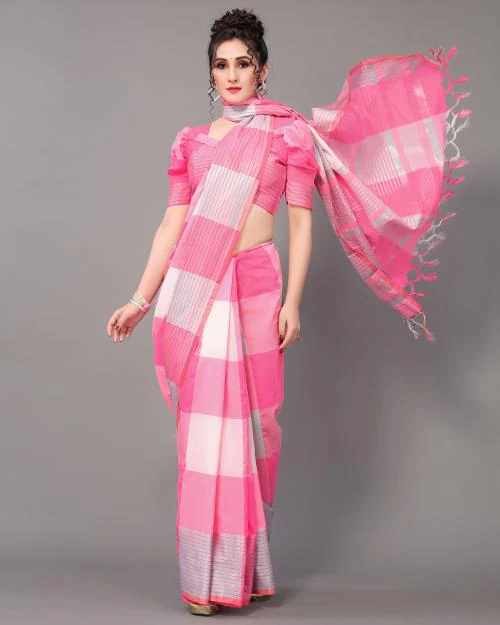 Ruchika Fashion Light Pink Cotton Blend Checks Saree With Blouse Material