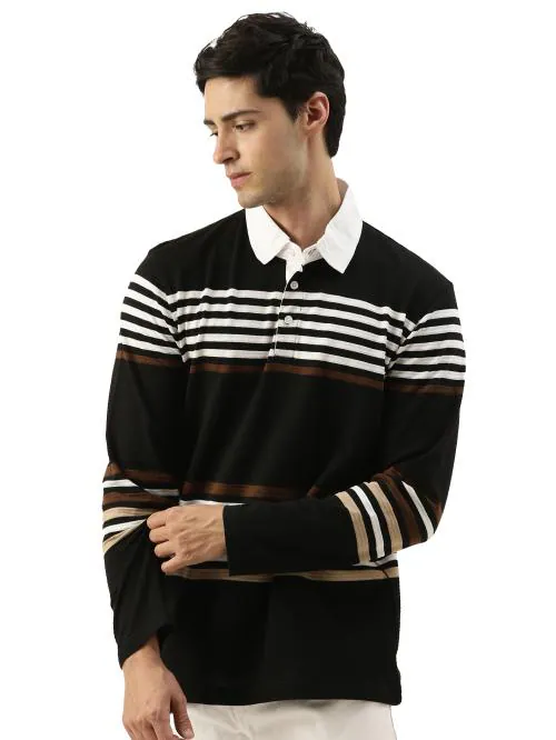 Jump Cuts Mens Polo Neck Auto Striped Full Sleeve Black and White Cotton Blend Slim Fit T-Shirt