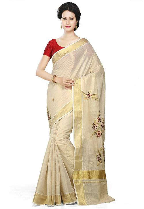 Fashionkiosks Women Maroon With Gold Cotton Embroider Pallu Kasavu Kerala Saree With Blouse Piece