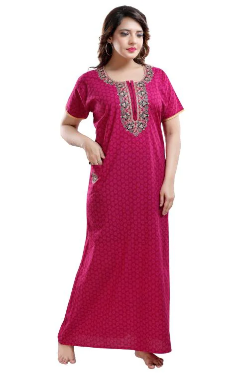 Trundz Embroidered Free Size Cotton Nighty (Pink)
