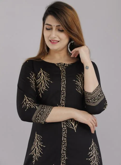 EXPORTHOUSE Rayon Black Kurti Gold Printed for Women and Girl Round Neck 3/4 Sleeve