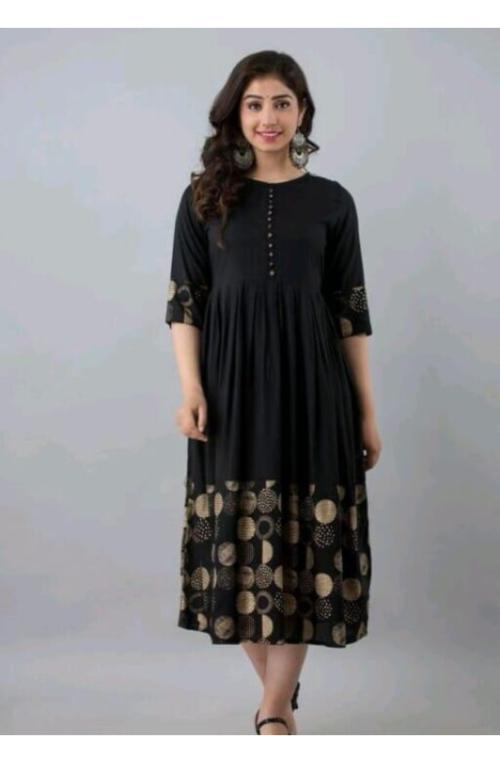RA Creation Women Black Printed Viscose Rayon KurtaM`