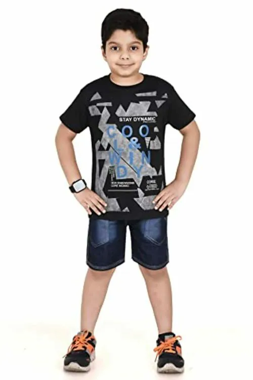 Hizume Boys Black Printed T-shirt with Denim Half Pant Combo - 4-5 Y