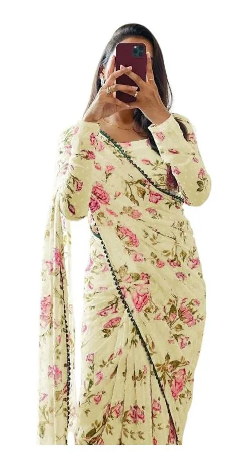 Sidhidata Women's Georgette Digital Printed Ready To Wear one Minute Saree With Unstitched Blouse Piece Lemon