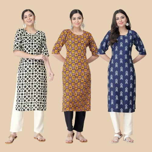 kurti for women kurti crepe kurti 1 Stop Fashion Women's Crepe Beige Digital Printed Straight Kurti Pack of-3
