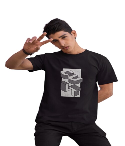 Cultfree 1469 Signature Collection Printed Black Round Neck Half Sleeves Cotton T-shirt - L40