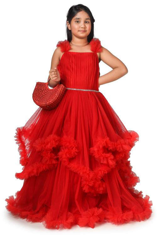 Modish Red flared designer Cotton & Net Gown with frills