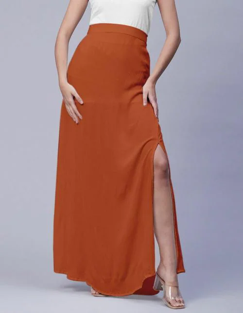 Moomaya Solid Side Slit Skirt For Women, Front Slit Ankle Length Asymmetrical Summer Skirt