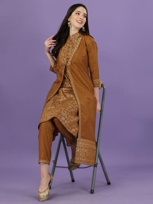 Curie Apaprels Women's Gold Printed Ethnic Jacket With Kurta Set (Brown) (CAJK40ANIMAL)