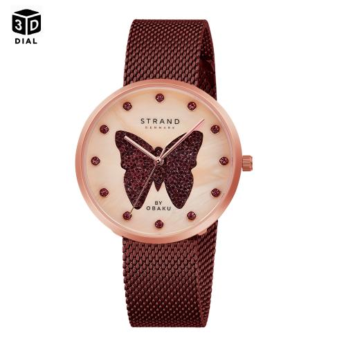 STRAND BY OBAKU 3D Sparkling Butterfly Quartz Cubic Zircona Rose Gold Round Dial Women's Watch - S700LHVVMD-DBD