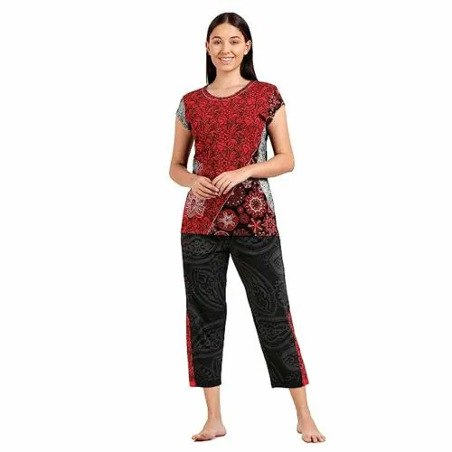 SMILERA Girl's Cotton Floral Top Pajama Set, Pack of 1 with Top: Red & Black, Bottom: Black
