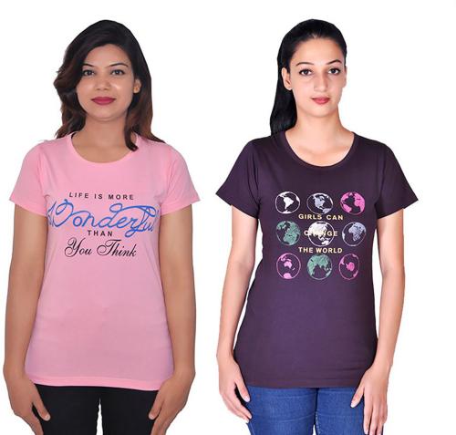 CHOZI Women Multicolor Printed Cotton Blend Pack of 2 T-Shirt