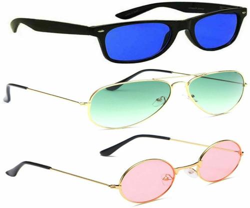 Elligator UV Protection Aviator, Wayfarer And Round Full Frame Blue, Green And Pink Sunglasses For Men And Women (Pack Of 3)