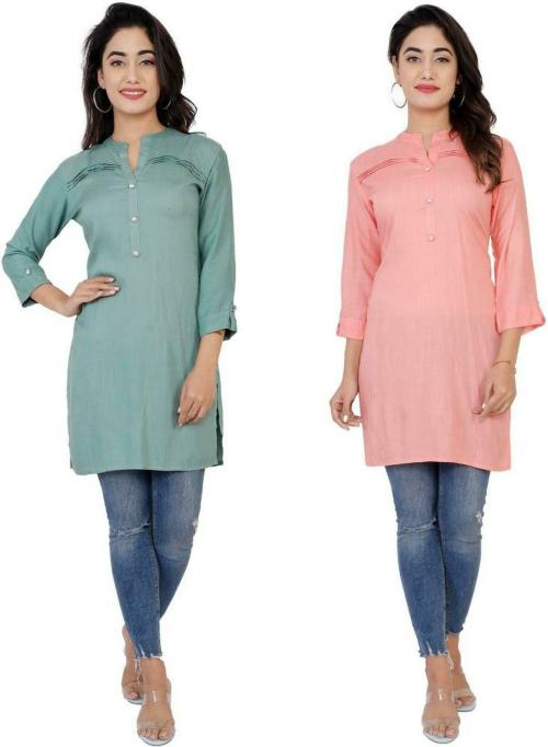 M Lala Fashion Women Grey and Pink Solid Viscose Rayon Straight Kurta - M (Pack of 2)