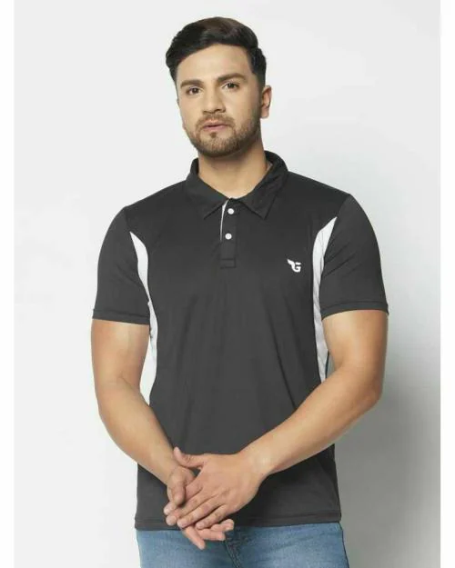 Glito Color Blocked Black & White Half Sleeves Shirt Collar With Button Polo T-shirts For Men's