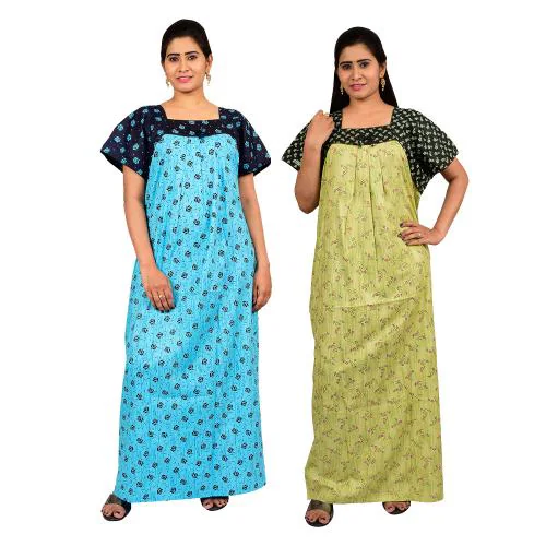 OSF Printed cotton Nighty for Ladies Nightwear Sleepwear Night Gown for Womens (Pack of 2, P2NW331_B_333_G)