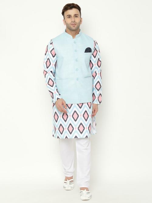 hangup Men Blue Printed Cotton Blend Kurta Pyjama Set