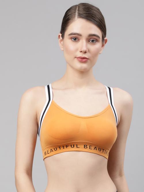 PrettyCat Mustard Solid Polyester Sports Bra For Women(PC-SB-6047)