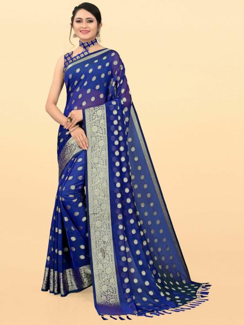Henzila Women Blue Woven Design Brasso Single Saree