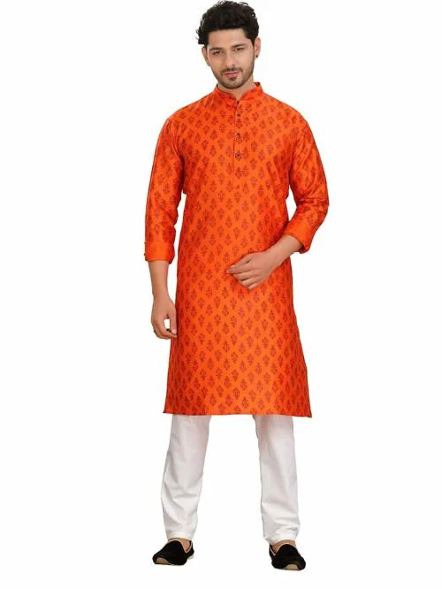 Encino Mens Orange Printed Silk Jashn Collection Kurta