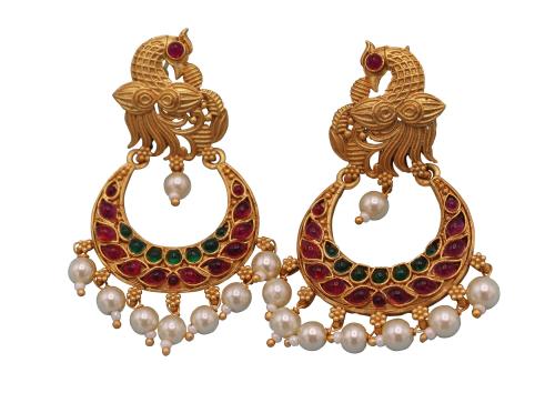 Chigold Gold Plated Peacock Inspired Antique Chandbali Earrings for Women and Girls