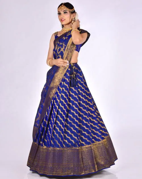 HALFSAREE STUDIO Navy Blue Zari work Lehenga with Banarasi Dupatta