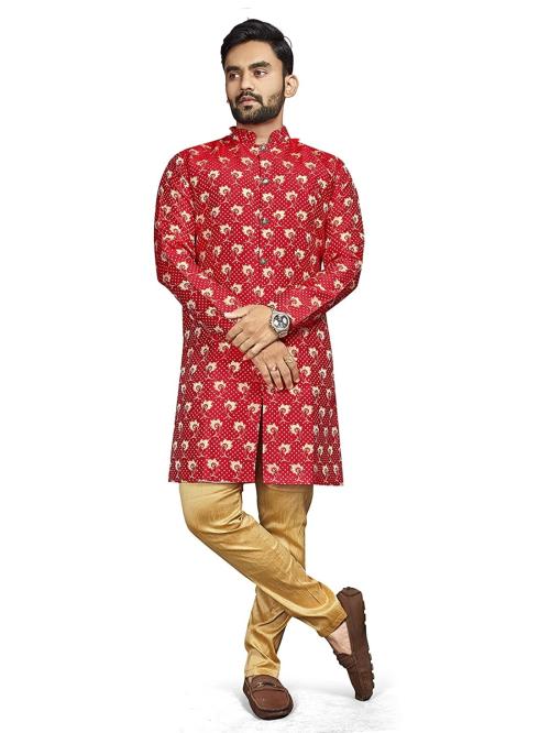 Amzira Men Dark Red Cotton Silk Indo Western Dress Set - L
