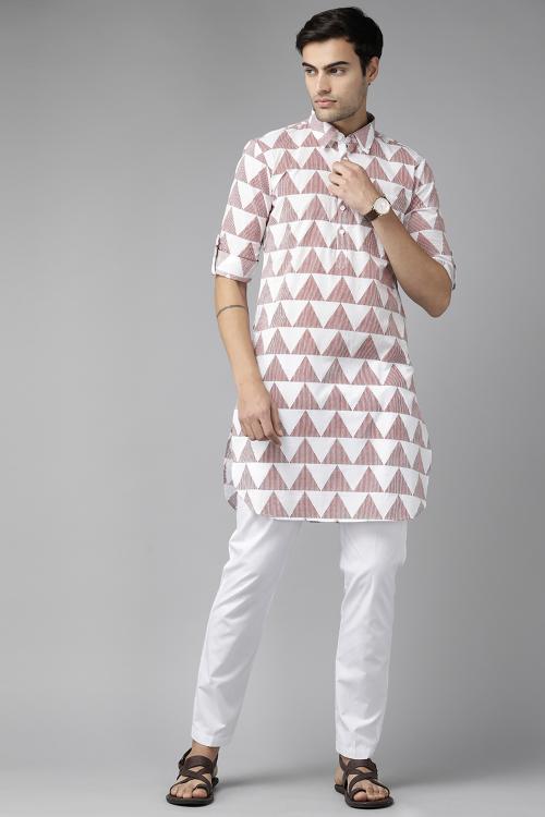 SEE DESIGNS Men White Regular Pure Cotton Pathani Printed Men's Kurta With White Salwar