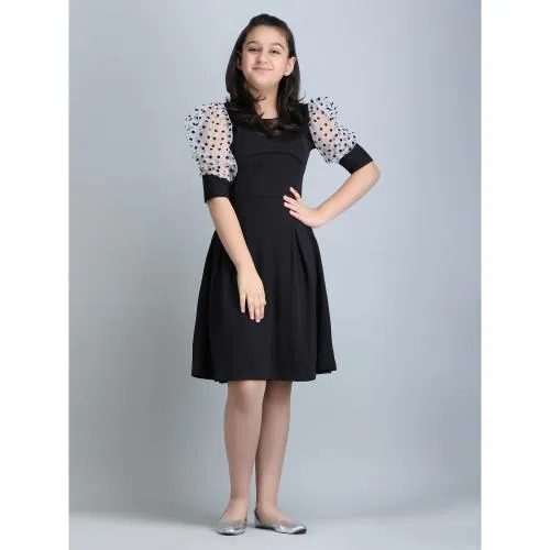 C.J FABRICS Girls Midi/Knee Length Party A-Line Black Dress