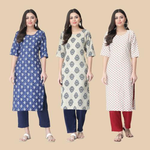 kurti for women kurti crepe kurti 1 Stop Fashion Women's Crepe Beige Digital Printed Straight Kurti Pack of-3