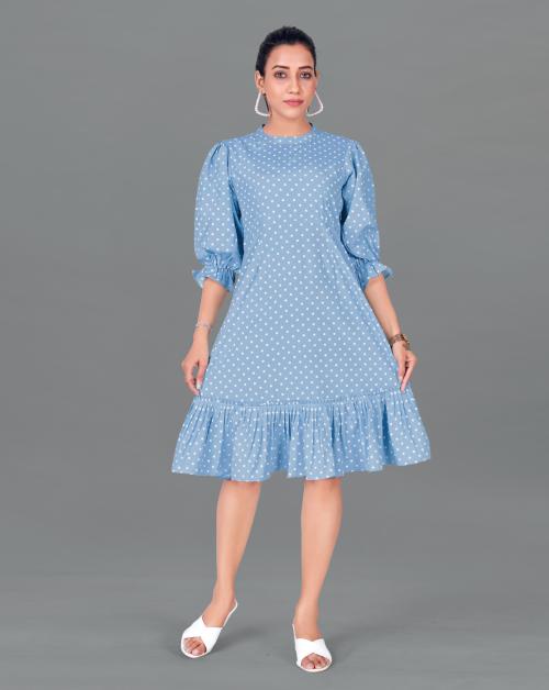 Fashion Dream Women Sky Polka Dot Printed Polyester Dress | Dresses| Women Dress|Dress for Women| Printed Dress| Women Casual Dress| Women A-Line Dress