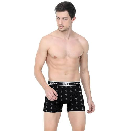 CUBO - Men's Innerwear Premium Cotton Boxer Brief | Modern Trunk | Antibacterial | Printed Color (Black)_M