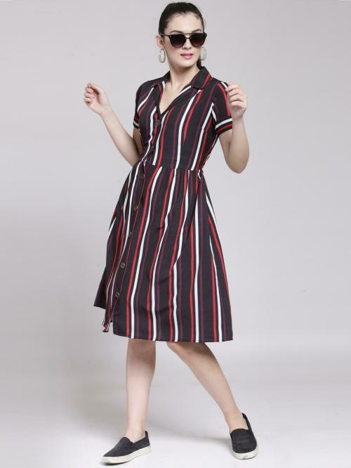 Pluss Women Red, White, Black Striped Cotton Blend Shirt Dress