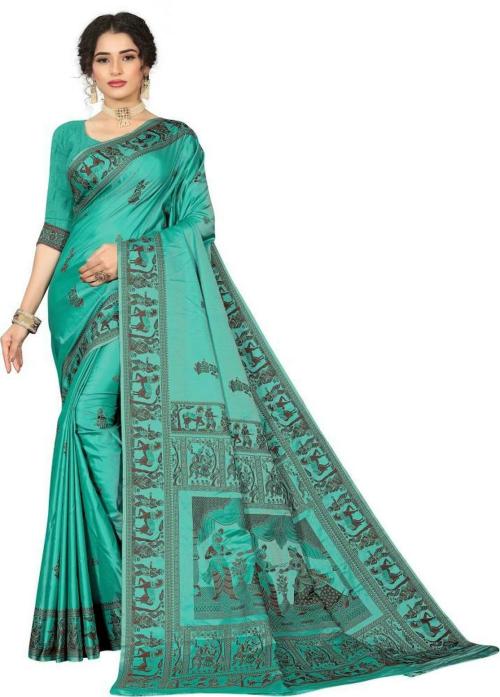 RIVANA Women Green Temple Border Baluchari Cotton Silk Saree