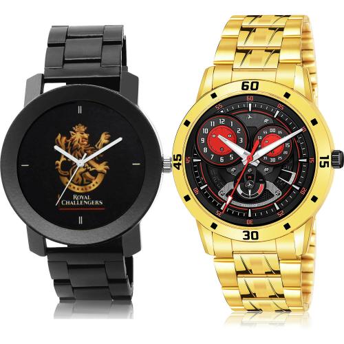 TIMENTER Latest Luxury Royal Challengers Bangalore Squad (Rcb) Ipl Chain And Gold Chain Black And Gold Colour Analog Metal And Stainless Steel Belt 2 Watch Combo For Boys And Men - IPL16-(37-S-21)