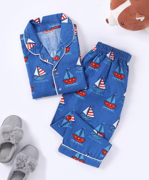 Funkrafts Ship Printed Blue Pure Cotton Night Suit for Kids (5-6 Years)