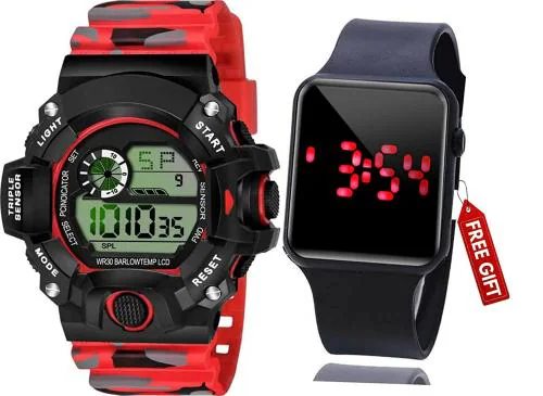 Acnos Digital Black Dial Red Strap Watch For Men - (LED/SF-RED)