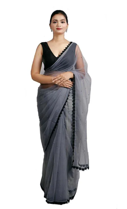 Wardrobe luxury by shreya women's grey net pearl saree