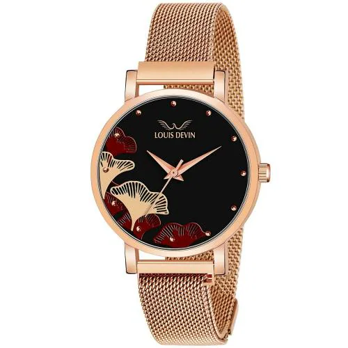 LOUIS DEVIN Analog Black Dial IP Rose Gold Plated Mesh Metal Chain with Magnet Lock Starp Wrist Watches for Women (LD-RG162-BLK)