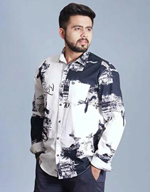 Golden Crow Men White Cotton Printed Spread Casual Shirt