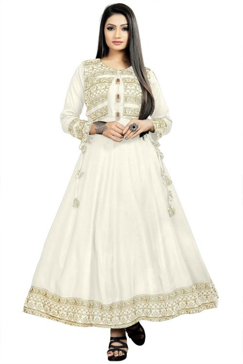 Happy Design Women White Printed Rayon Anarkali Kurta