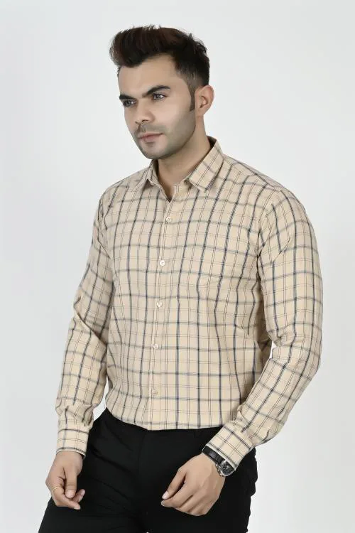 STITCHING ART Classic Fit Italian Cotton check Shirt For Men (Blue Brown)