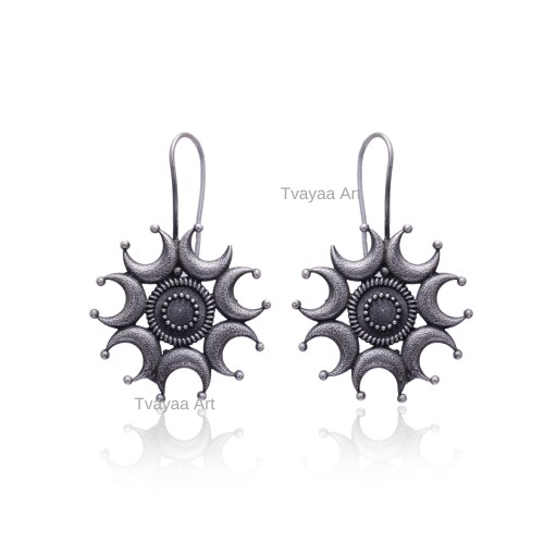 Tvayaa Art Silver Oxidised Hook Earrings Antique Traditional Fancy Handmade Jewellery