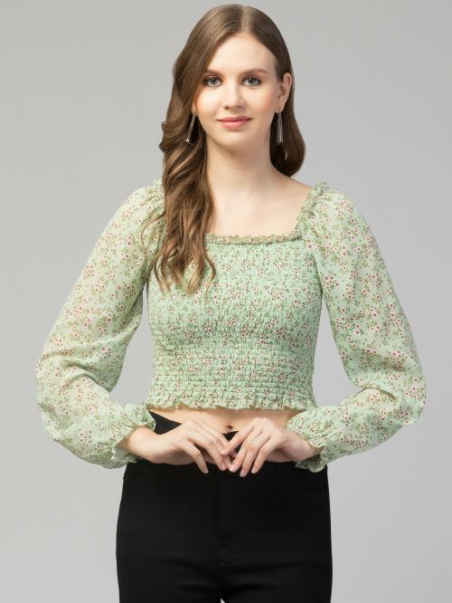 Bitsy Owl Women Green Floral Print Georgette Blouson Top|TOPS|WOMEN TOPS|GIRLS TOP|WESTERN WEAR|WOMEN