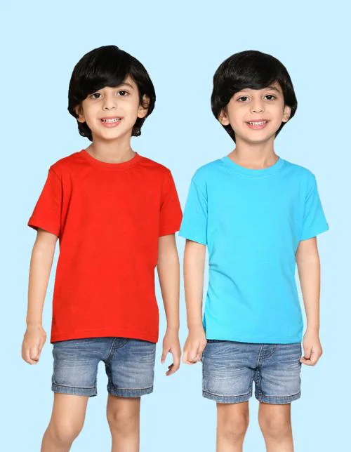 Nusyl boys solid red & sky blue tshirt combo pack of 2.