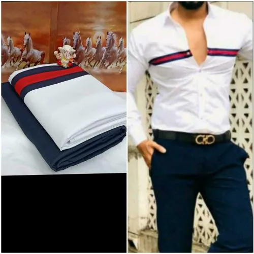 DHARMESH ENTERPRISE Men White, Blue Striped Polycotton Unstitched Shirt and Trouser Material (Free Size)