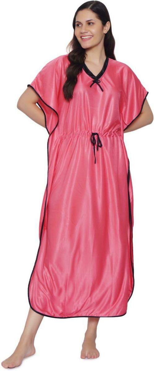 Zionity Women Pink Solid Satin Nighty