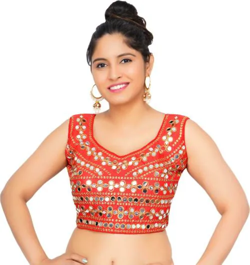 Trendzmy Women Red Embellished Cotton Silk Square Neck Blouse, Free Size