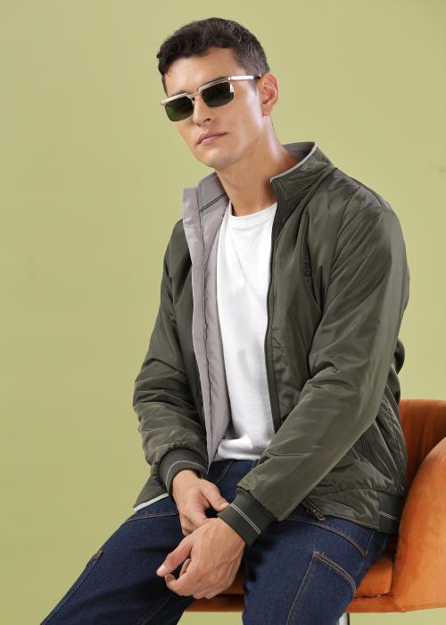 Dollar Casual Solid Bomber Jacket For Men In Olive Green Color